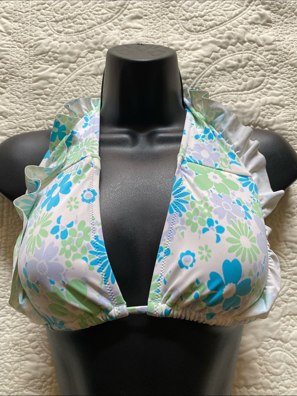 aerie Mix and Match Blue & Green Floral Ruffle Halter Bikini Top size small